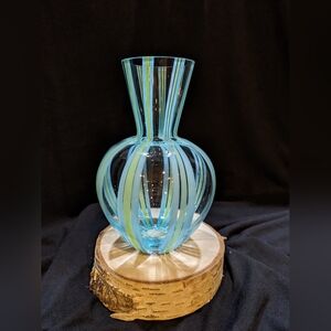 FTD Vase clear w/ blue, green and yellow strips